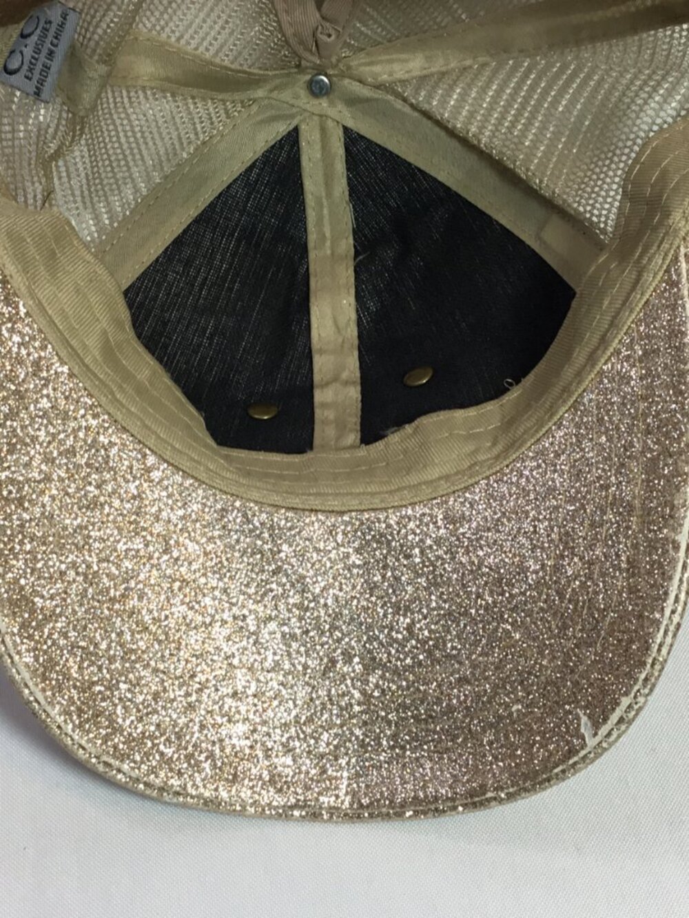 Upcycled LV Patch Distressed Trucker Hat CC Ponytail Cap Bling Gold Sparkle Mesh - Picture 9 of 13